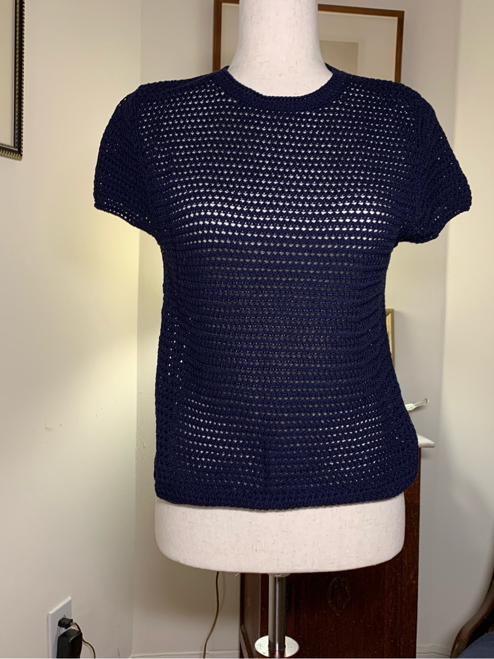 Vince Navy Open-Knit Short Sleeve Tee